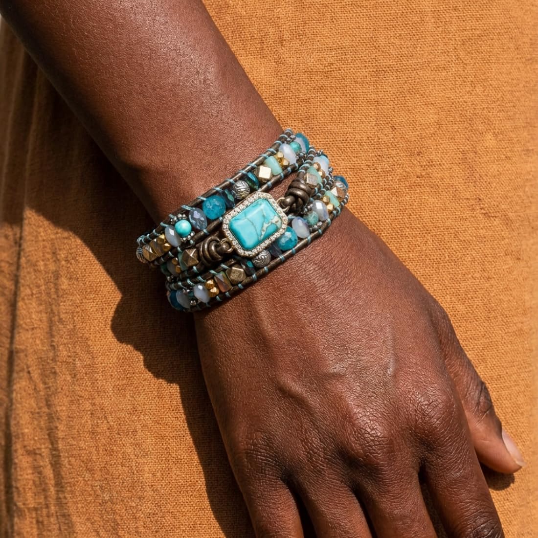 YGLINE Boho Handmade Wrap Leather Tube Crystal Stone Bracelet for Women (3 wrap-blue)