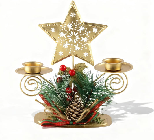 Regine Switzerland Christmas Tea Light Candle Holders - Elegant Metal Centerpiece with Artificial Berries & Pine Cones
