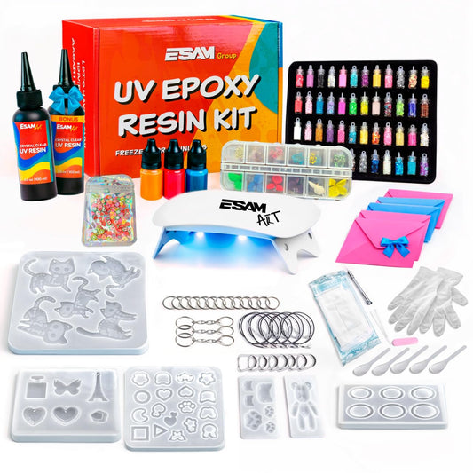 ESAM Group 300 Piece UV Resin Jewelry Making Kit for Kids, Teens & Beginners – Complete Starter Set with UV Lamp, 6 Silicone Molds, 48 Glitter Jars, Pigments, Dried Flowers & Tools