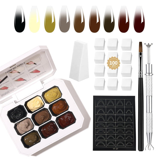 AOBOO 9 Colors Ombre Gel Nail Polish Palette Pat Gradient Painting Gel With 100PCS Nail Sponges & Grabbing Pen ,Soft And Easy To Shoot For Acrylic And Natural Nails ,French Manicure DIY Nail Art (6)