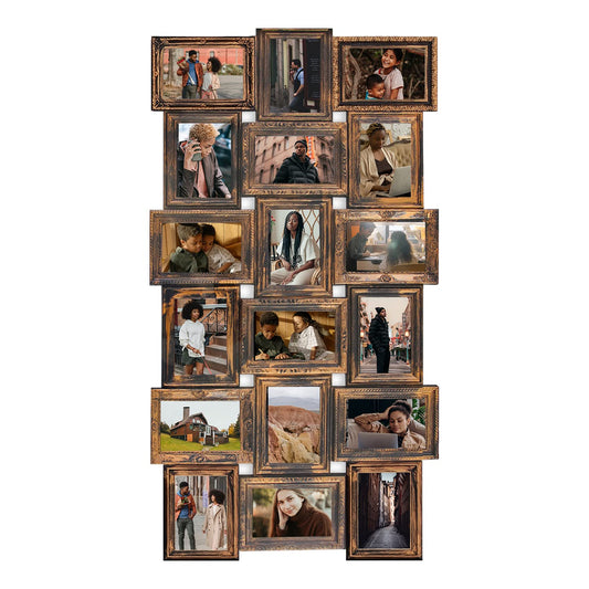 J.M.Deco Collage Picture Frames for Wall Decor, 18-Opening Reunion Family Friends Picture Frame Set, 4 x 6 Photo Frames for Living Room, Gallery Puzzle Collage Wall Hanging, Vintage Gold