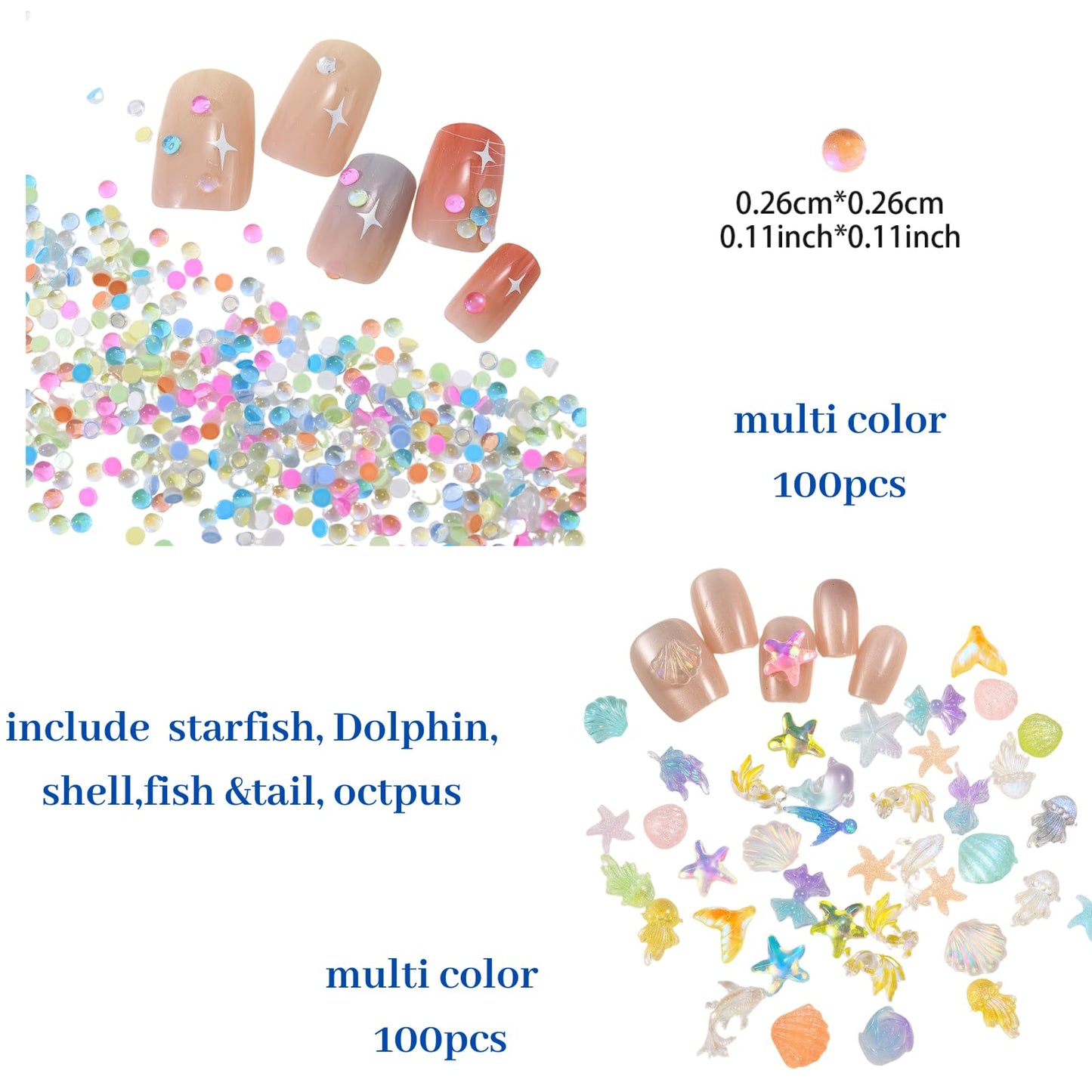 Press On Nails Sizing Kit Card and Ocean Nail Charms Bundle