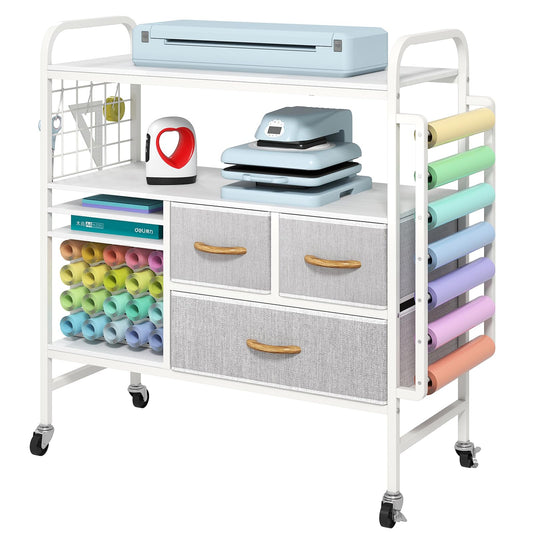 Hadulcet Large Heat Press Table with Storage - Rolling Craft Cart Organizer, Vinyl Roll Holder & Cricut-Compatible Workstation for DIY Sublimation, T-Shirt, Cap, Mug Projects (White)