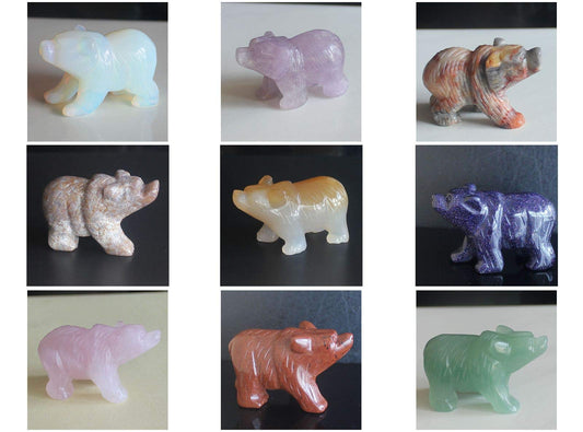2'' Hand Carved Mixed gemstome Crystal Bear Figurine Animal Carving (9pc Mixed Stone)
