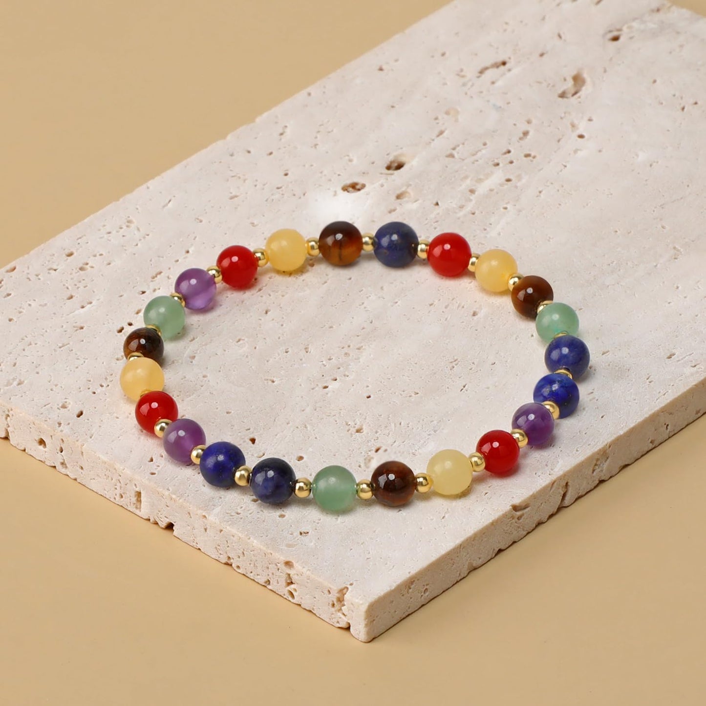 QOGIR 7 Chakra - Activate The Chakras - 14K Gold Plated Beads Natural Gemstone Stretch Elastic Dainty Healing Beaded Bracelets Gifts 6mm