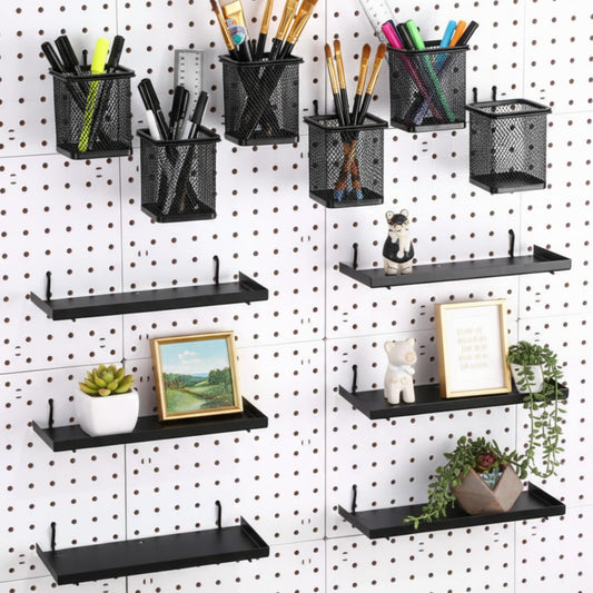 Tosstuki 12 Pack Pegboard Organizer Accessories - 6 Pegboard Cups Pencil Holder Peg Board - 6 Shelves Metal Shelf Brackets - Tools Storage Arrange System Kit for Office Garage Room