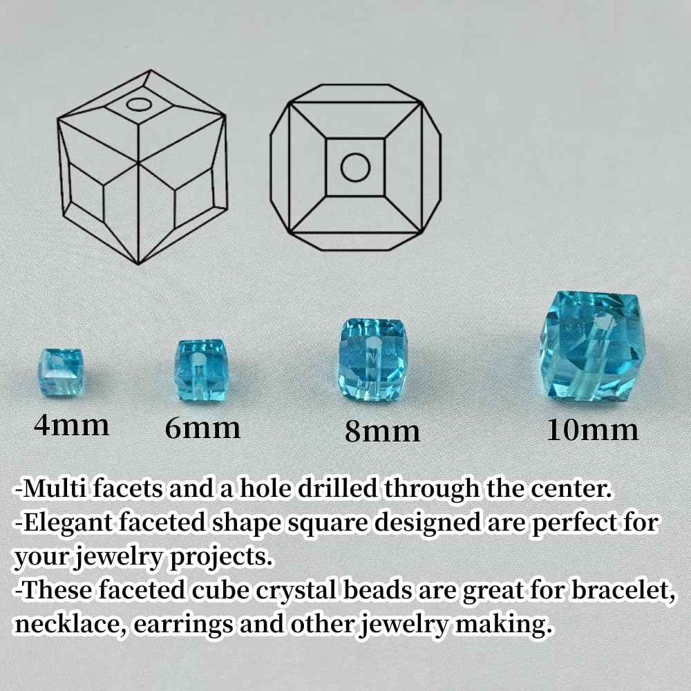 YUEXIGO 200pcs 4mm Cube Crystal Glass Beads for Jewelry Making Faceted Square Crystal Glass Bead Spacer Beads Loose Beads for Bracelet Earring Necklace DIY Craft(Lake Blue)