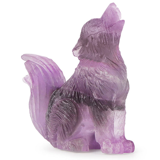 LEADGEM 2.0" Amethyst Crystal Big Tail Wolf Decor Figurine Healing Stones Statue Carved Sculpture Ornaments Crystal Wolf Decor with Gifts Box