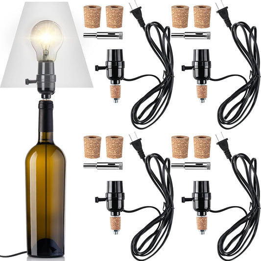 Fabbay 4 Sets Bottle Lamp Kit for Liquor Bottle Includes Stopper in 3 Sizes, 9 mm Glass Drill Bit, Slip on Socket, 8 Feet Power Cord for DIY Wine Bourbon Beer Glass Bottles Lamp No Drilling Required