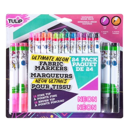Tulip Fine Tip & Brush Tip Permanent Fabric Markers Neon Pack, 24 Colors, Non-Toxic