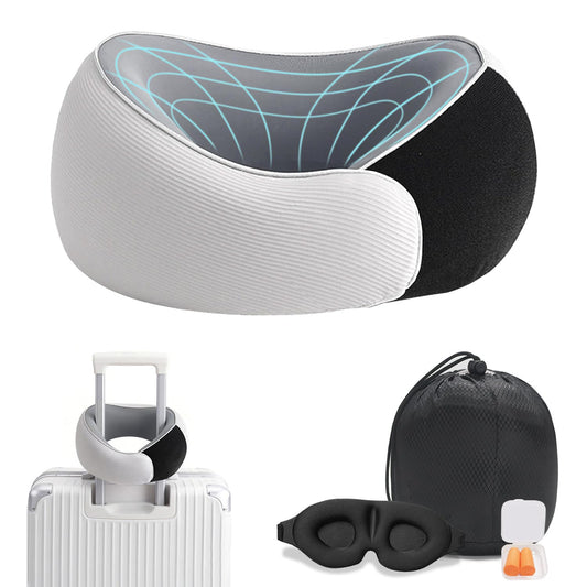 Travel Pillows, 100% Pure Memory Foam Neck Pillow for Airplanes, 360° Head Support, Ergonomic Design, with 3D Eye Mask, Earplugs and Storage Pouch, Airport Travel Essentials for Office, Airplane, Car