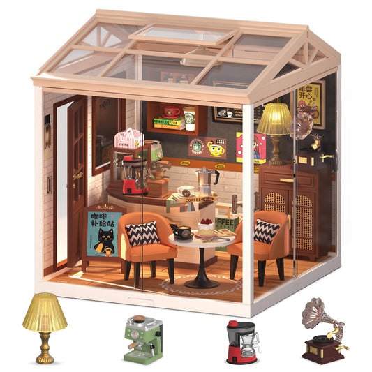 Loyratche DIY Retro Coffee Shop Miniature House Kit, 115 Pieces Mini Dollhouse with Furniture & LED Light with Roof & Dust Covers Tiny House Toy for Adults