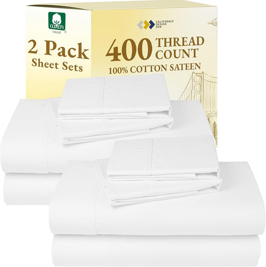 California Design Den Full Size Bed Sheets - 400 Thread Count 100% Cotton Sateen | Soft, Breathable, Deep Pocket - Antique White (2-Pack)