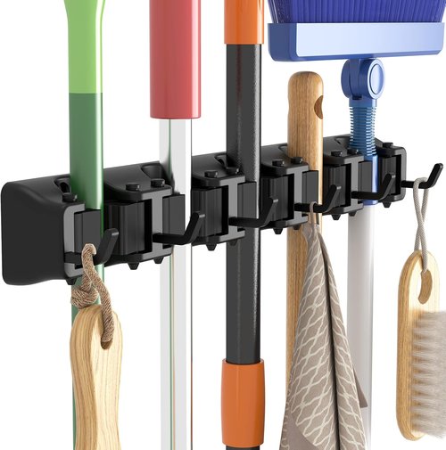 Lifewit Mop And Broom Holder - Anti-Slip Wall Mount Organizer With 5 Slots & 6 Hooks | Holds 30lbs, Black