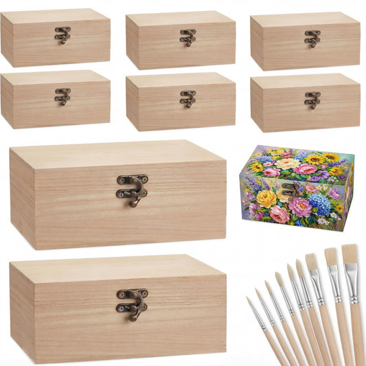 Reginary 8 Pcs Unfinished Wooden Box for Crafts Unpainted Wood Box with Hinged Lid Front Clasps Plain Jewelry Photo 6.7 x 5.1 x 3.2 In for DIY Valentine Make Your Own Gift Keepsake Storage