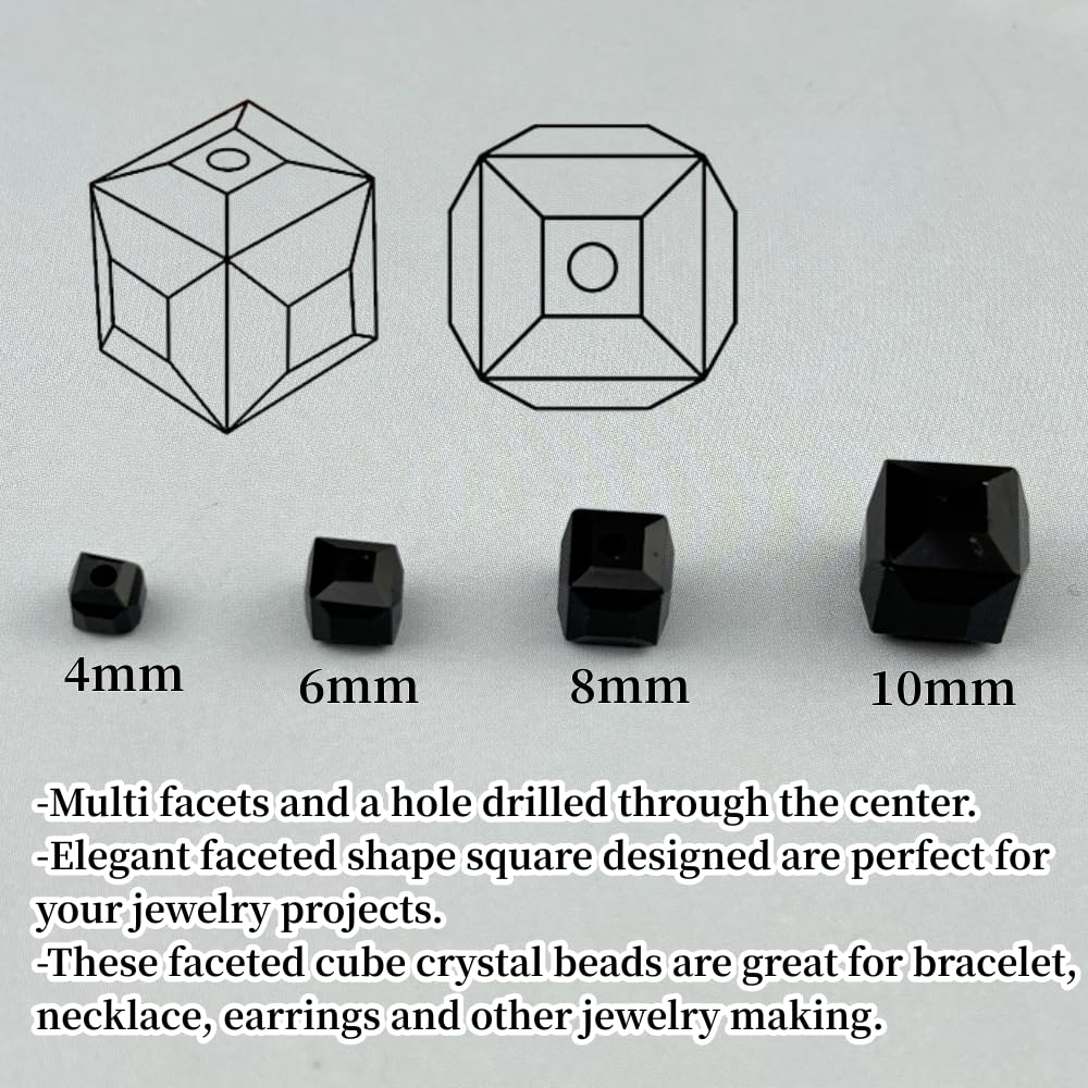 YUEXIGO 100pcs 6mm Cube Crystal Glass Beads for Jewelry Making Faceted Square Crystal Glass Bead Spacer Beads Loose Beads for Bracelet Earring Necklace DIY Craft(Black)