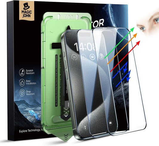2PACK 15 (6.7") 9H MAGIC JOHN for iPhone Pro Max Eye Protection Screen Protector, HD Clear, Auto Dust-Elimination