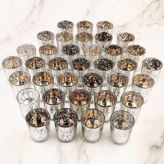 Silver Mercury Glass Tea Light Holders - Elegant Votive Candle Holders for Weddings & Home Decor | Set of 36