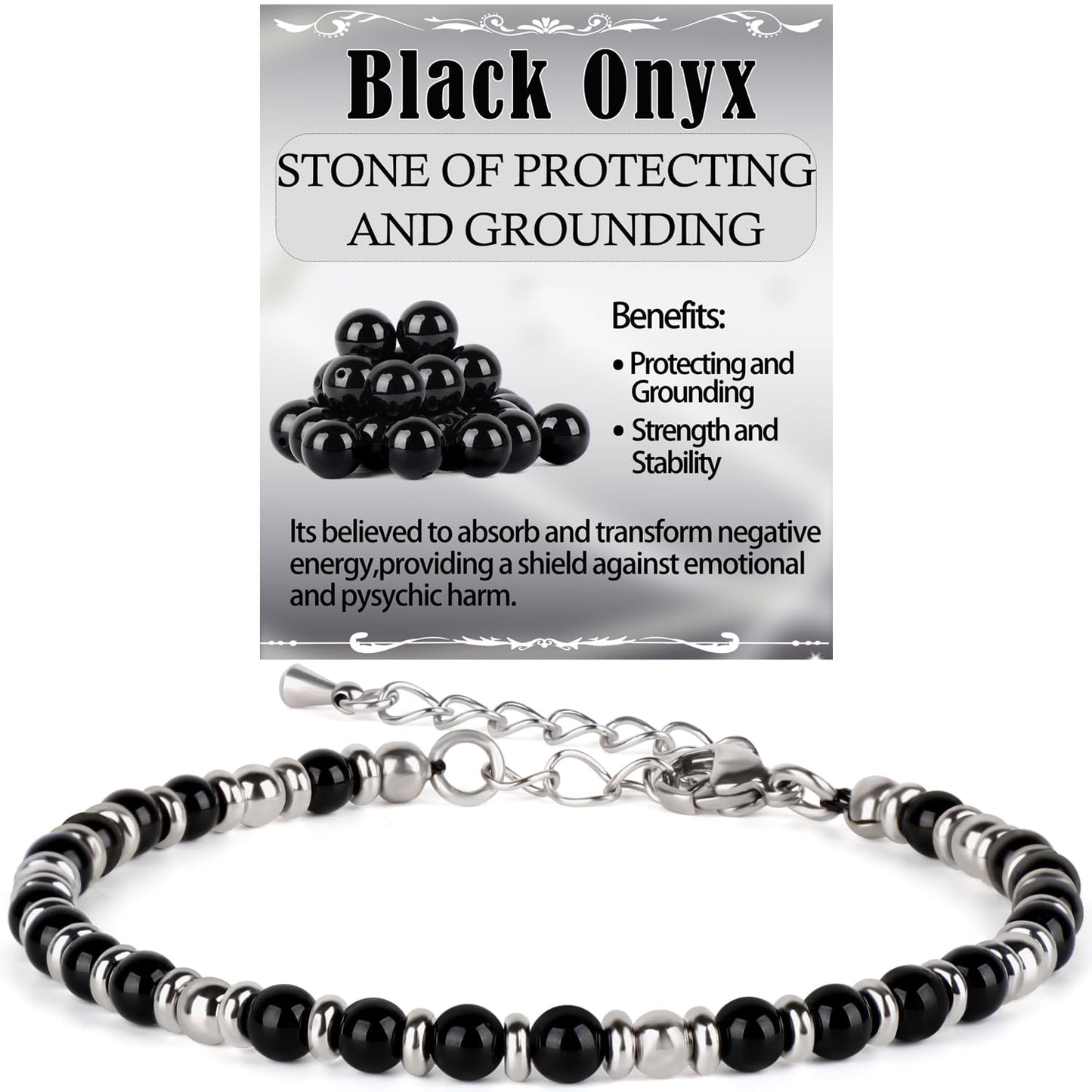 4mm Black Onyx Tiny Beaded Bracelets For Women, Energy Gem Charm Jewelry Adjustable Bracelet Gifts for Mom, Daughter, Wife, Coworkers, Friends, Bestie