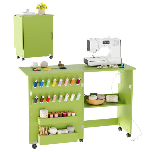 Folding Sewing Machine Table with Charging Station, Rolling Craft Table with Lockable Wheels, Storage Trays & Shelf, Pegs, Magnetic Locks, Foldable Sewing Machine Cabinet Desk for Small Spaces, Green