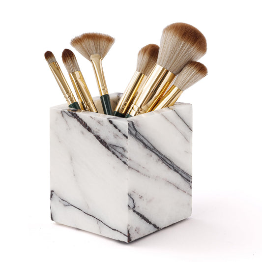 WORHE Natural Lilac Marble Toothbrush Holder 3.93Inch Solid Stone Makeup Brush Organizer, Luxurious Pen Holder, Square Utensil Storage Container for Bathroom, Office, Countertop Home Decor (WH097)