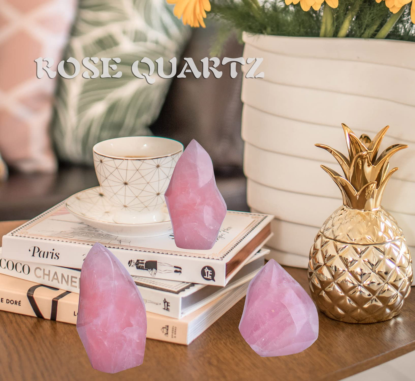 AMOYSTONE Rose Quartz Standing Crystals Big Home Decor Real Rose Quartz Stone Large Flame Tower Energy Meditation Healing Stone 1.0-1.5LB