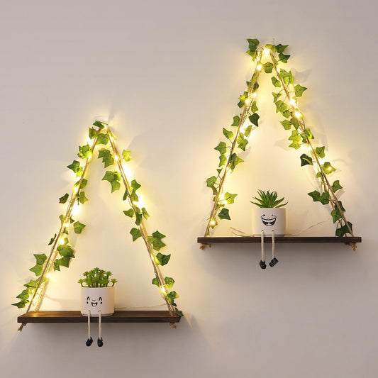 JOLAIQIAN Floating Shelves for Wall, Hanging Shelves with Artificial Ivy LED String Light, No Drilling Hanging Shelf, Wood Hanging Plant Shelves for Wall Décor, Boho Decor, Art Bedroom, Set of 2