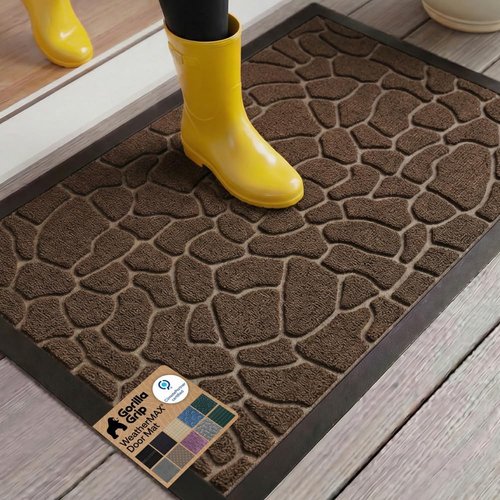 GORILLA GRIP Waterproof All-Season WeatherMAX Doormat - Natural Rubber, Stain & Fade Resistant, 29x17, Dark Brown Pebble