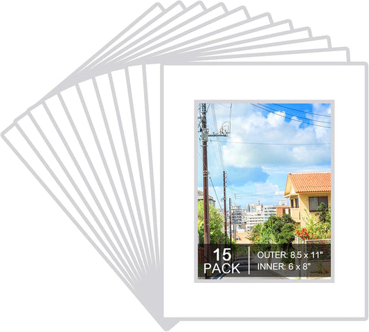 15 Pack 8.5x11 6x8 White Picture Mats, Frame Mattes for Pictures Photo Frame Mat Core Bevel Cut Mat Board Show Kit