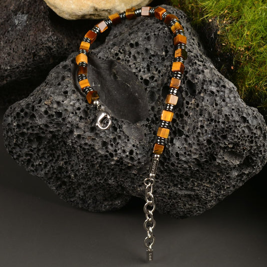 Casvia Tiger's Eye Hematite Beaded Bracelet for Men, Square Stone Adjustable Stainless Steel Chain, Handmade Stylish Jewelry Gift for Dad, Husband, Son & Friend