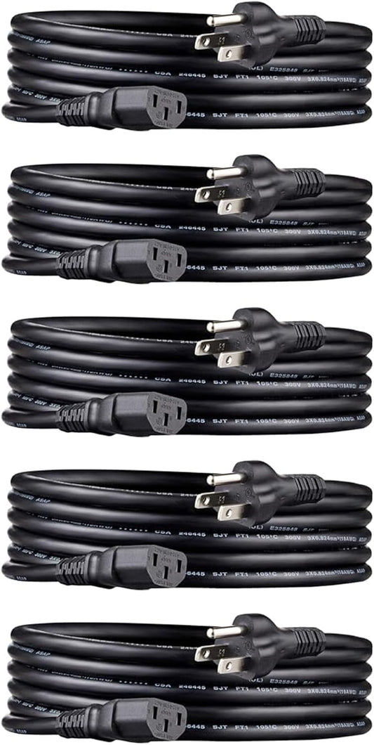 Amazon Basics 10 3 18 125 5-Pack PC Power Cord, feet, Compatible with Monitor, Computer, TV, Prong, AWG, Volts, Black