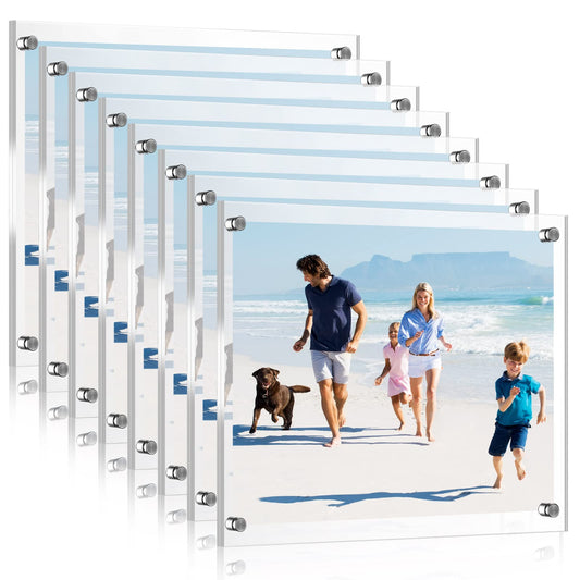 Yalikop 8 Pcs Acrylic Floating Picture Frame 8.5 x 11 Inches Wall Mount Frameless Photo Frames Double Panel Clear for Home Office Photo Display, Full Size 9.6 x 13.2 Inch (Silver)
