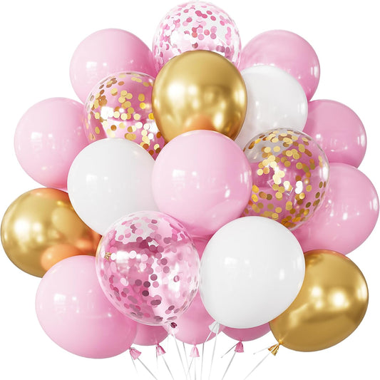 Skiennix Pink and Gold Balloons Set - 12 Inch Light Pink & White Metallic Balloons for Baby Shower & Birthday Parties