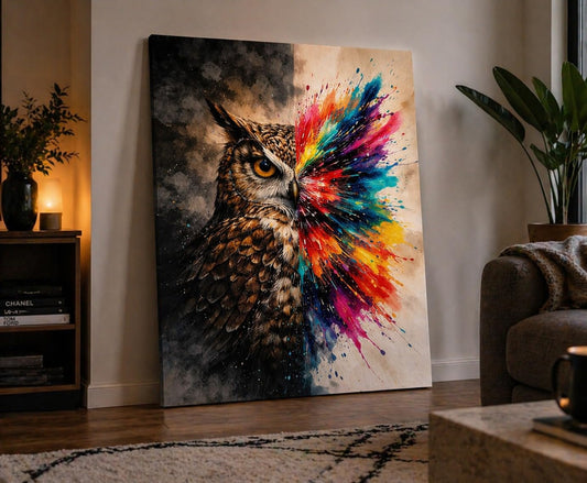 ICE ARMOR Large Abstract Owl Split Canvas Wall Art, Color Burst Animal Painting, Modern Artistic Decor for Living Room Bedroom Office 24x36 Inch Frameless Canvas Print - Ready to hang