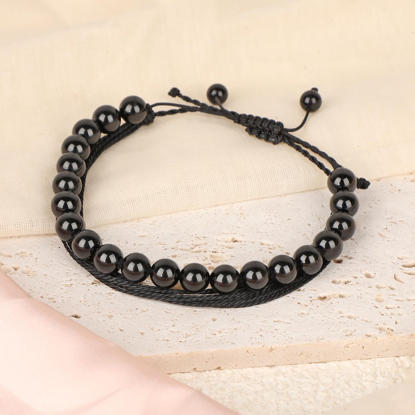 LPBeads 8mm Black Tourmaline Bracelet with Handmade Rope Bracelet Size Adjustable Natural Stone Crystal Healing Bracelets Gifts for Unisex Adults