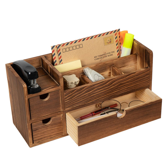 ExoLiry Deep Roast Wooden Desktop Organizer 3 Drawers Office Supplies Storage Caddy Box Stationery Pencil Mail Holder Note Pads Makeup Tools Cosmetics Dark Brown