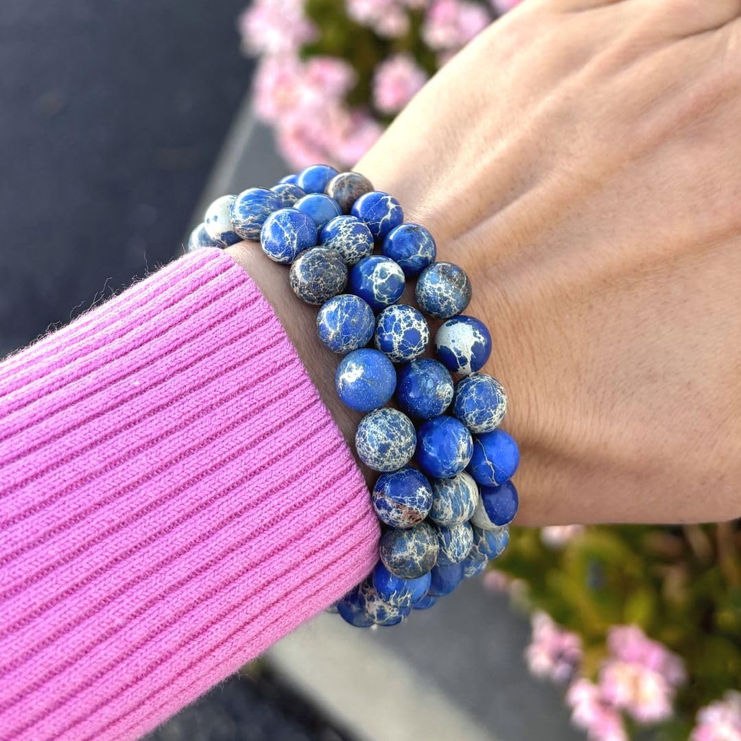 Adabele Real Natural Blue Impression Aqua Terra Sea Sediment Jasper Gemstone Beaded Bracelet 7 inch Stretch Chakra Healing Crystal Stone Jewelry Women Mom Gift GB8-3