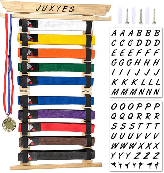 JUXYES Wall Hanging Martial Arts Belts Organizer for 10 Belts with Medal Hanger and Stickers, Bamboo Karate Belt Display Holder Rack, Taekwondo Belt Display Holder for Martial Arts Learners