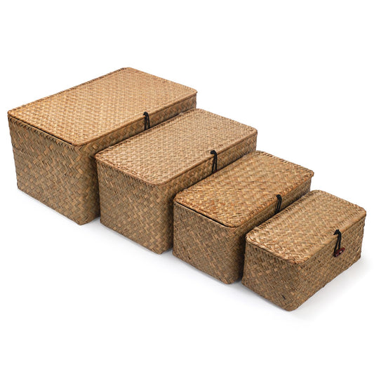 Wicker Basket with Lid, Seagrass Storage Basket, Woven Baskets for Storage, Decorative Storage Baskets for Shelf Organizing, Natural