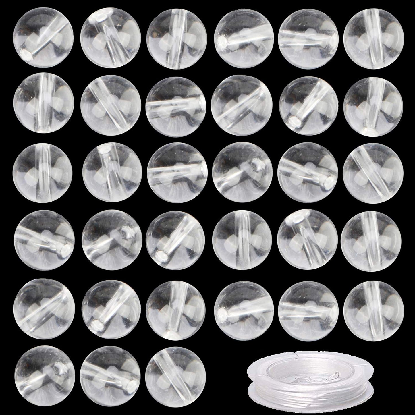 80Pcs Natural Crystal Beads Stone Gemstone Round Loose Energy Healing Beads with Free Crystal Stretch Cord for Jewelry Making (Clear Crystal, 10mm)