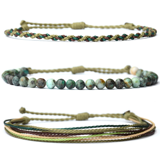 Handmade Natural Stone Beaded Healing Bracelet Gift for Men Adjustable Rope String Bracelet (African Turquoise, Adjustable)
