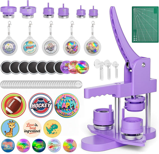 Mryitcal Button Maker Machine 1''+1.25''+2.25'' Pin Maker Button Press Machine w/ 300 Metal Pinback, 10 Fridge Magnet, 5 Badge Charm, 1 Cutting Mat, Badge Making Kit for Custom Badge, Party Favors