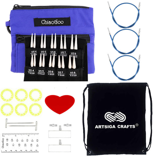 ChiaoGoo Twist Red Lace Shorties 2 & 3-Inch Large Blue 7230-S Interchangeable Knitting Needle Set, 10-Pairs Sizes US 4, 5, 6, 7, 8, Stainless Steel with 3 Cords with Project Bag