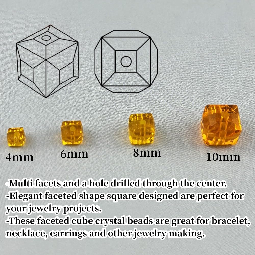 YUEXIGO 100pcs 8mm Cube Crystal Glass Beads for Jewelry Making Faceted Square Crystal Glass Bead Spacer Beads Loose Beads for Bracelet Earring Necklace DIY Craft(Orange)