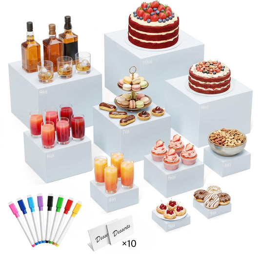 10 Pcs White Acrylic Buffet Risers with Mini Sign and Marker, Food Risers Display Stands for Buffet Table Party Catering Dessert Jewelry Collectibles,Acrylic Cube Nesting Boxes with Hollow Bottoms 8 Sizes (10" 9" 8" 7" 6" 5" 4" 4" 3" 3")