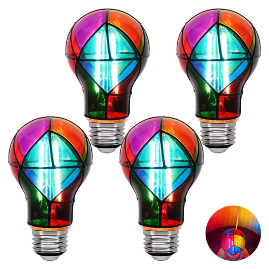 ORALUCE Stained Glass Light Bulb 5W Dimmable, Colorful Painted Mosaic Lightbulb A19 E26 Base, LED Colored Edison Light Bulb for Party Christmas Halloween Porach 4 Pack