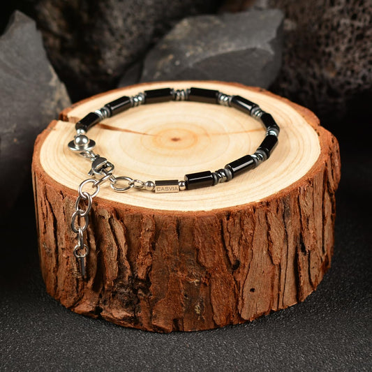 Casvia Midnight Fusion Men's Beaded Bracelet, Handcrafted Black Onyx & Hematite, Adjustable Dual-Clasp 6.89–8.8 Inches, Stackable Daily Wear, Birthday Gift for Men Dad Boyfriend