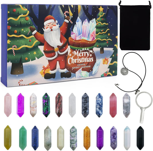 Christmas Crystal Advent Calendar 2025 | Healing Stones Kit with Necklace Holder & Storage Bag