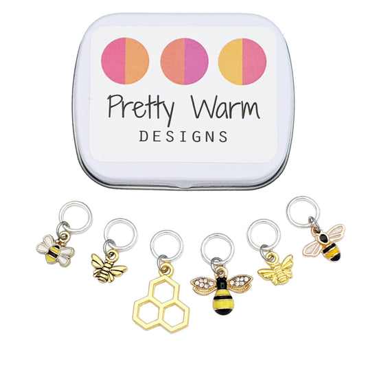 Honey Bee Knitting Stitch Markers with Storage Tin | Ring Style Closed Rings | Bee & Honeycomb Charms for Knitters | Gift for Yarn Lovers | Handmade by Pretty Warm Designs