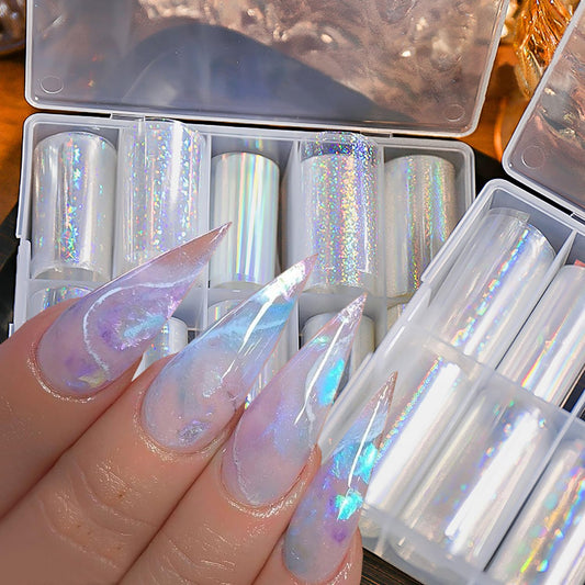 10Pcs Aurora Nail Foil Laser Nail Transfer Foil for Long Short Acrylic Nails Starry Sky Holographic Nail Art Stickers DIY Manicure Decoration Design Stickers Decals for Women